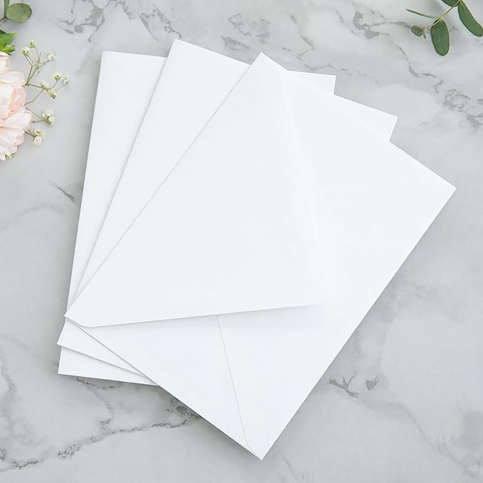 PONATIA 50PCS A7 Euro Flap Envelopes, 5.25 x 7.25'' Liner Envelope For 5x7'' Weddings Invitation Cards, Christmas Gift Cards, Acrylic Invitations, Photos (White & Sage Green Leaves)