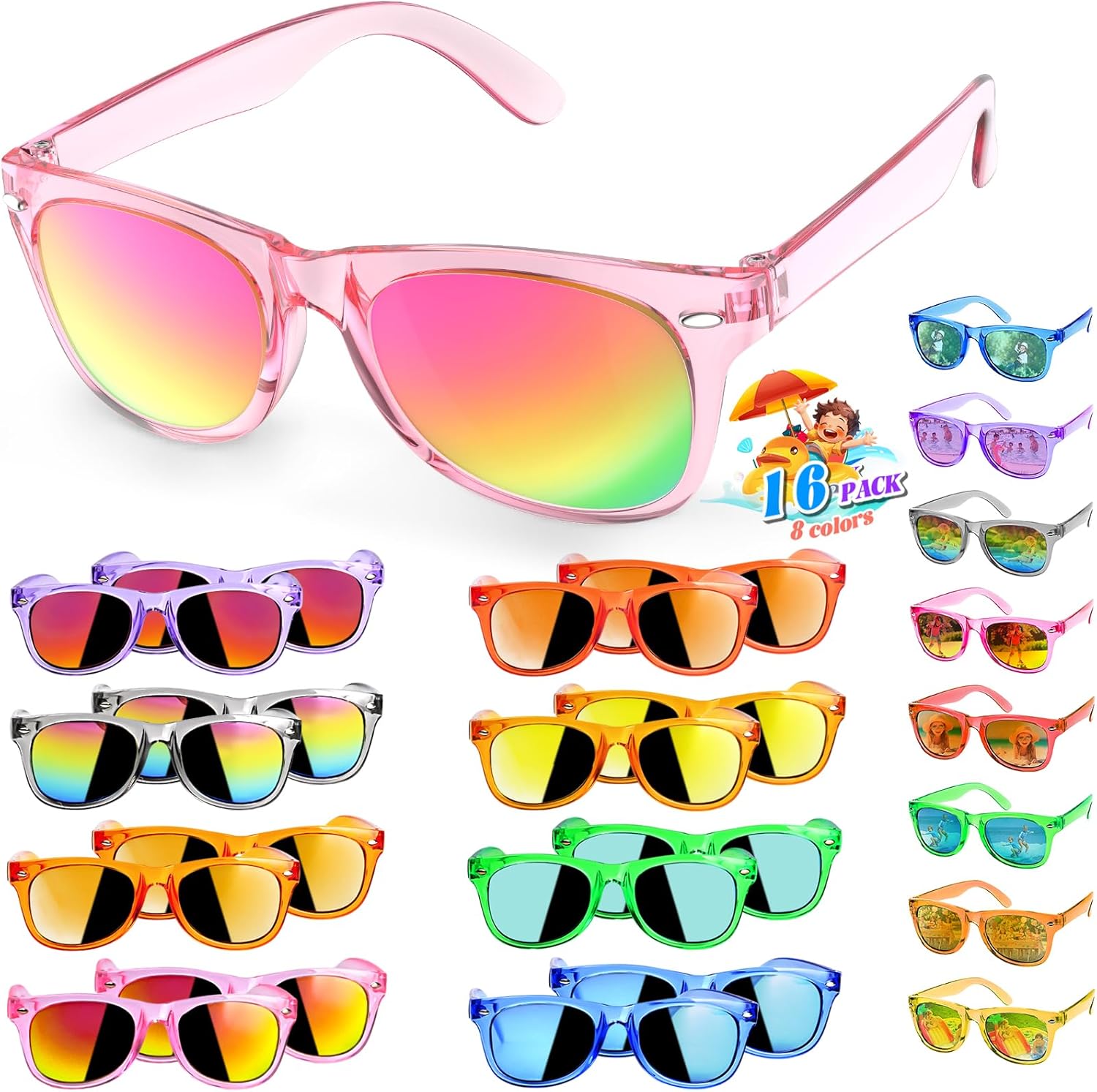 16 Pack Kids Sunglasses Bulk Party Favors - Goodie Bags Stuffers for Children Age 3-8,Boy Girl Neon Glasses with UV400 Protection,Birthday Classroom Graduation Gift,Pool Beach Party Supplies