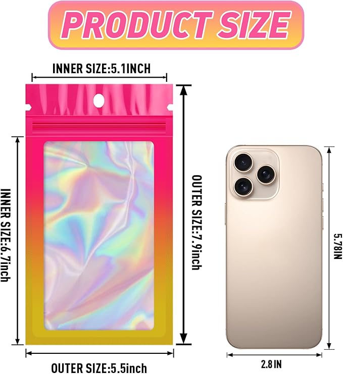 Funfery 100 Pack Gradient Holographic Bags,Mylar Resealable Bags with Zipper,Clear Window Packaging Pouchs,Foil Smell Proof Bag for Food Storage,Sample Jewelry Bag(5.5x7.9In,Hot Pink Orange)