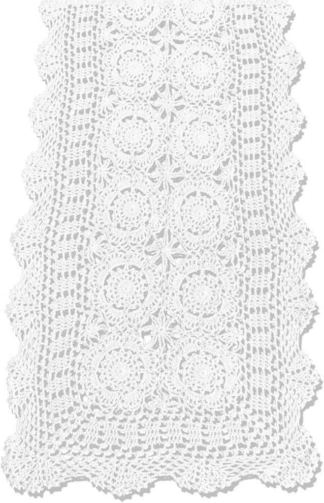 KEPSWET Cotton Handmade Crochet Lace Table Runner White Rectangle Coffee Table Dresser Decor (14x84 inch)