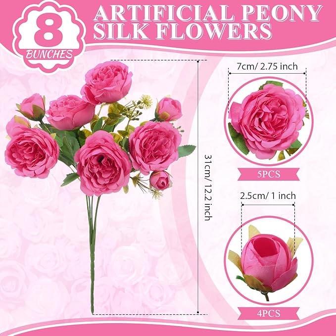 8 Bundles Artificial Peonies Flowers Boho Faux Flowers Arrangements Artificial Centerpiece Spring Bouquet Floral Wedding Decoration for Vase (Hot Pink)