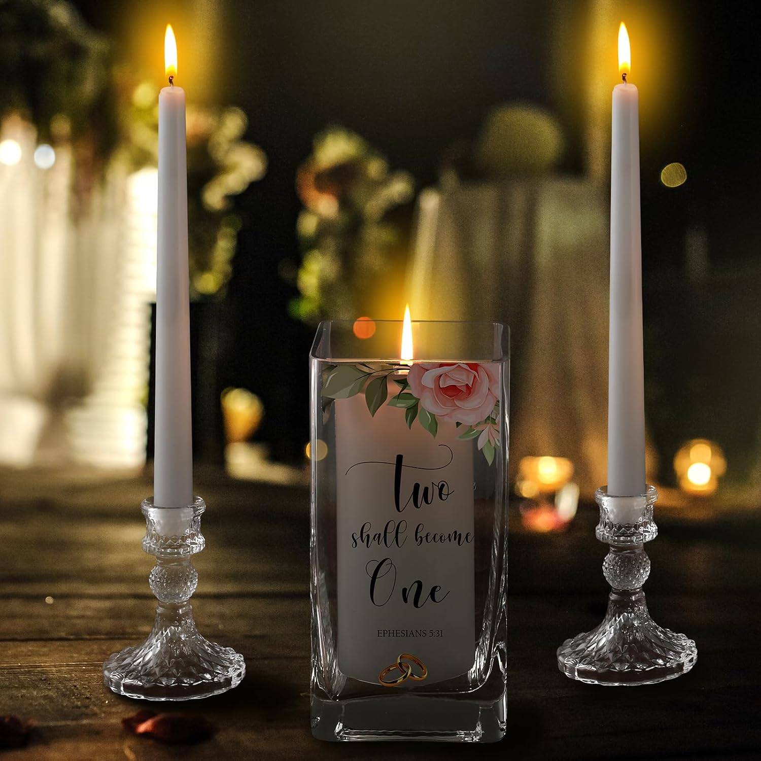 FoldTier Unity Candles with Holder for Wedding Ceremony Set 1 6" Pillar 2 9.8'' Taper Candles 3 Candlestick for Religious Formal Events Church(Flower)