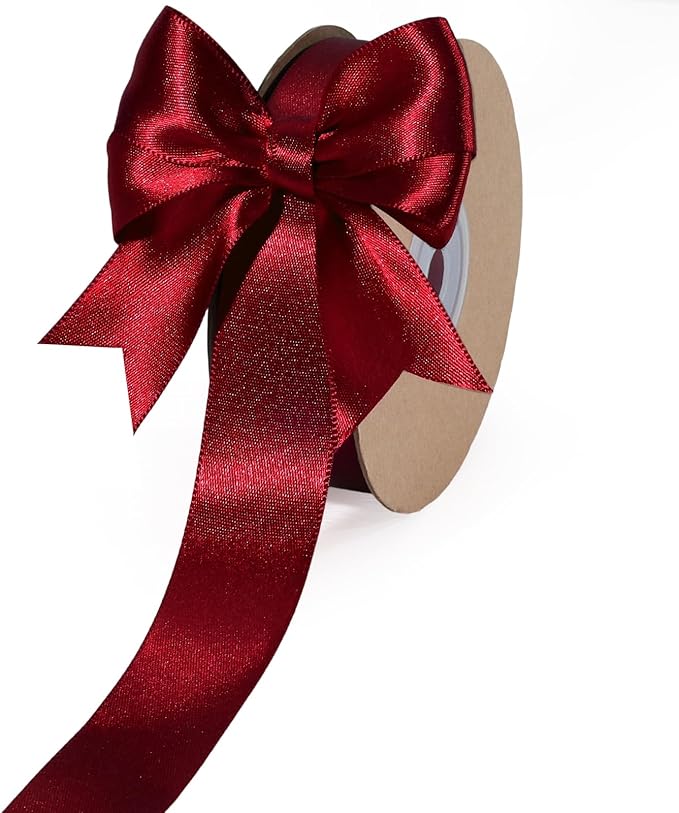 LaRibbons Burgundy Satin Ribbon 1 Inch 50 Yards Luxury Double Faced Red Silk Ribbon for Flower Bouquet Crafts Gift Wrapping Wedding Bow Christmas Decoration