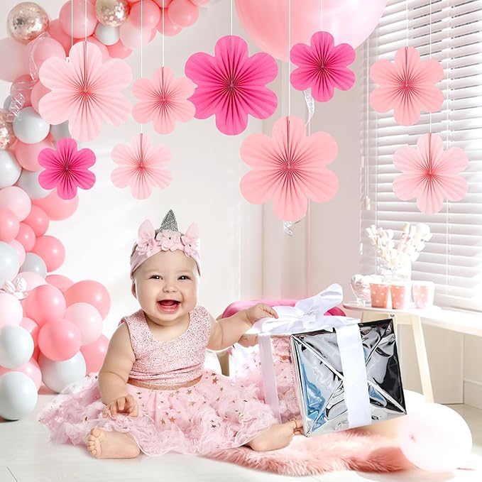 Easy Joy Hot Pink Paper Flowers Decorations for Wall Pink Paper Fans Classroom Decoration Paper Floral Backdrop Decor Paper Fans Decoration Hanging Paper Fans Pink Flower Wall Decor, Set of 9