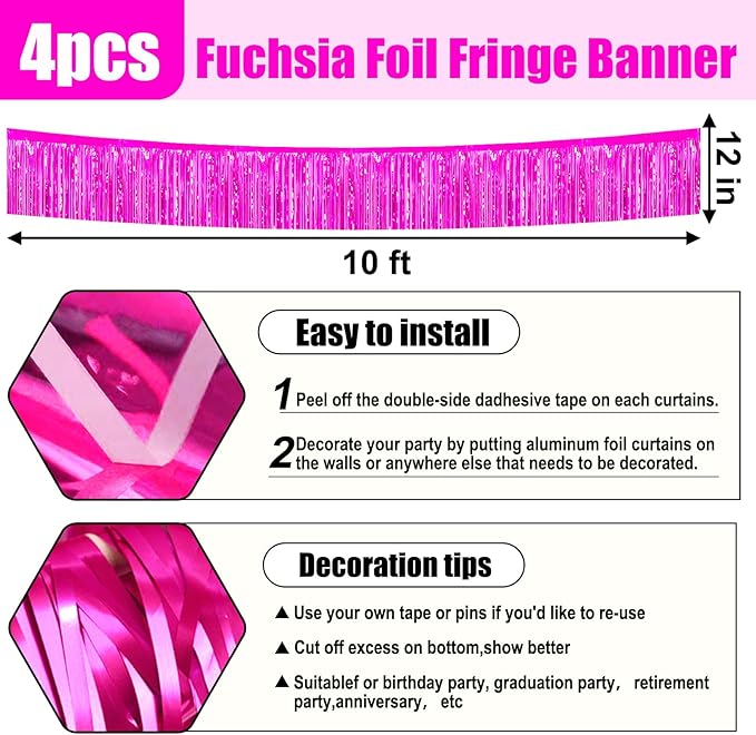 4 Pack 10 Feet Rose Red Foil Fringe Garland Metallic Tinsel Streamers Banner Wall Hanging Curtain Backdrop for Parade Floats, Wedding, Graduate, Mother's Day, Birthday Party Decoration