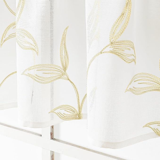 VISIONTEX Sheer Voile Curtain Valances, Decorative Leaves Embroidered, Rod Pocket Window Treatment for Kitchen/Rustic Bedroom/Living Room (54 x 16 Inch,1 Panel)