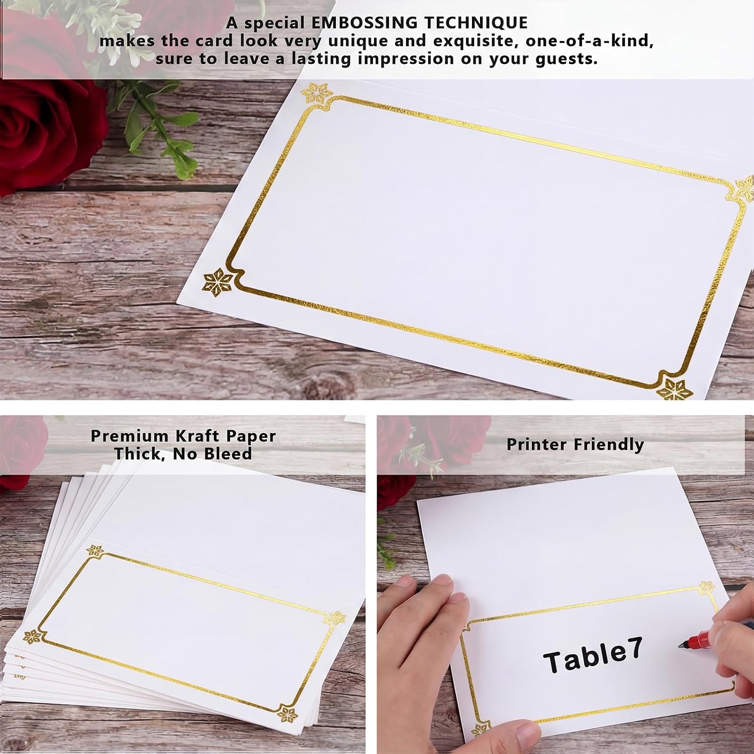 Premium Place Cards for table setting, name cards Used for Table Decoration, Seat Cards with Gold Foil Border&Corner Motifs, 2x3.5-Inch Tent Cards - Perfect for Weddings, Tables, Dinner Parties 50Pcs