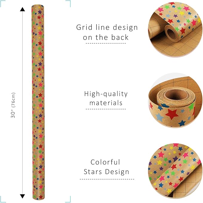 LaRibbons Birthday Wrapping Paper Roll for Kids, 30 Inch x 33 Feet (83 sq. ft. ttl.) Kraft Gift Wrap Paper with Colorful Star Pattern for Baby Shower Holiday Party