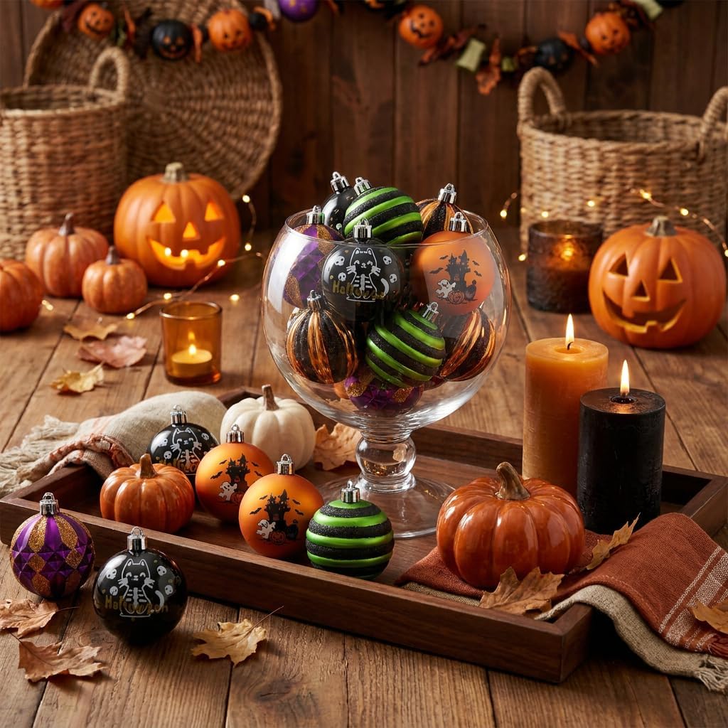 Valery Madelyn 16ct Halloween Ornaments Tree Decorations Indoor 2 Inch | Black Cat Castle Vintage Variety Hanging Ball Ornaments Set for Small Tree, Cute Holiday Party Home Decor