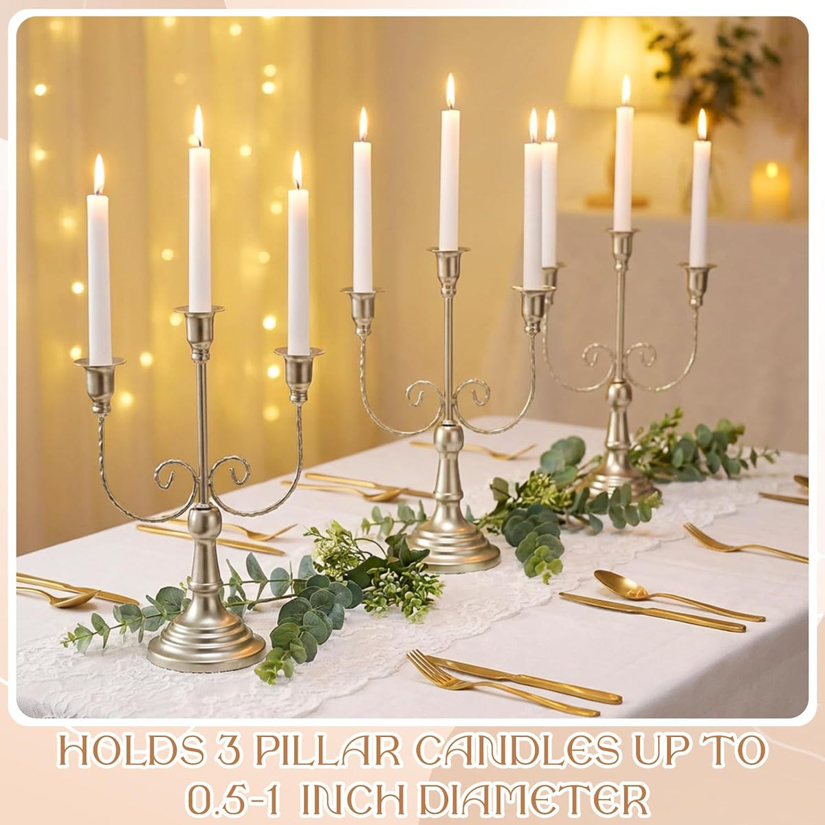 Dandat 3 Pcs 3 Arm Metal Candelabra Candle Holder, Retro, 11.65", Matte