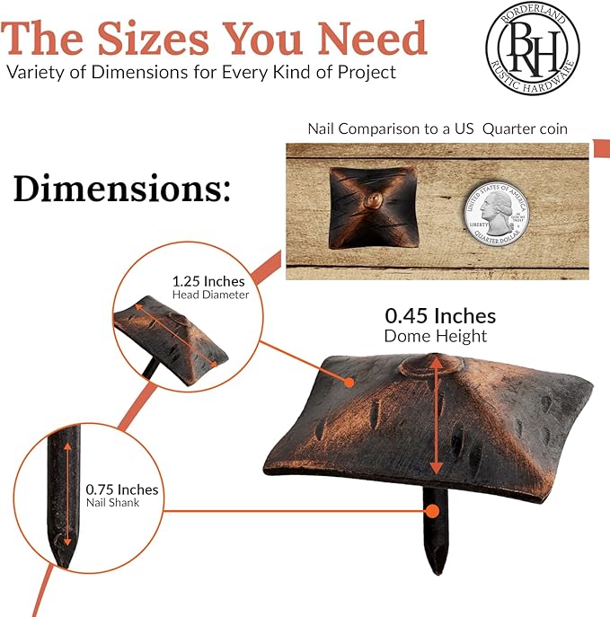 25 Pack 1.25" Square Head Iron Clavos Decorative Nails – Oil Rubbed Bronze – Handmade Rustic Square Fasteners for Farmhouse Shutters, Barn Doors, Shutters, Gates – Ornamental Wood Accent
