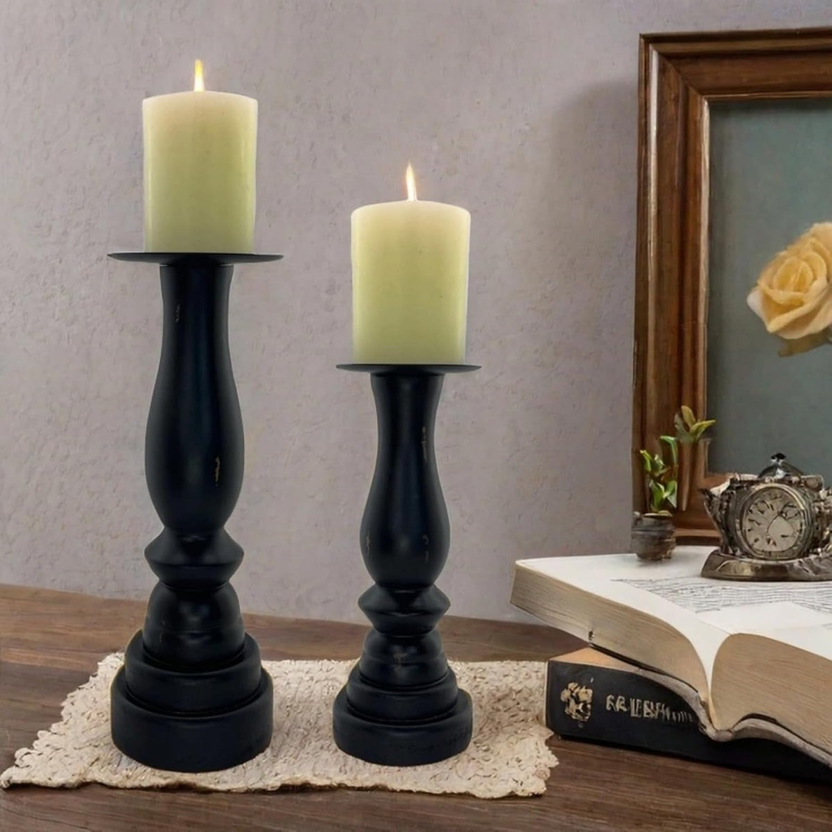Black Worn Pillar Candle Holder - Rustic Wooden Farmhouse Candlestick Holders...