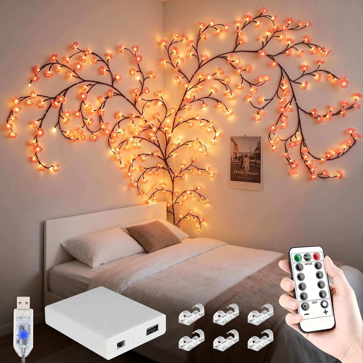 FNHMSL Cherry Enchanted Willow Vine Lights, 4FT 48LED Pink Cherry Blossom Tree Branch Lights for Wall, Remote Timer,8 Light Model,Bedroom Wall Doors Wedding, Christmas, USB Battery Box