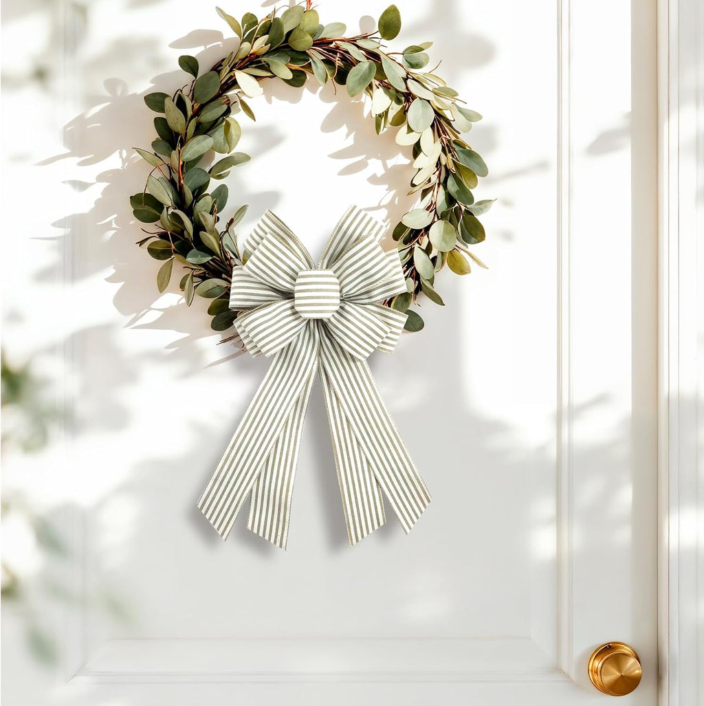Natural Burlap Wreath Bow 20 x 11 Inches Easter Bows Light Khaki Stripes Ribbon Bow Carnival Farmhouse Bow Tree Ornament for Home Front Door Decorations