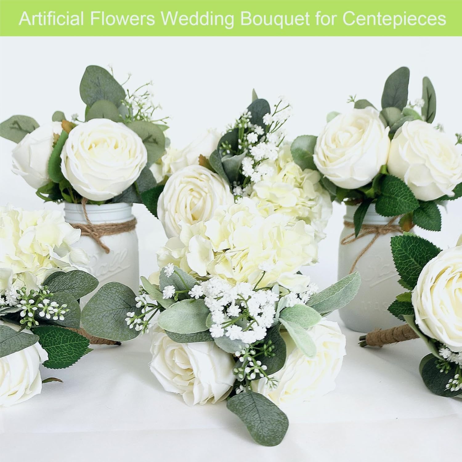 Bridesmaid Bouquets Set of 2 - Ivory White Artificial Flowers Bouquet for Bridesmaids Wedding Small Floral Centerpieces for Marriage Proposal Party Anniversary Dining Table Decor -7 Inch