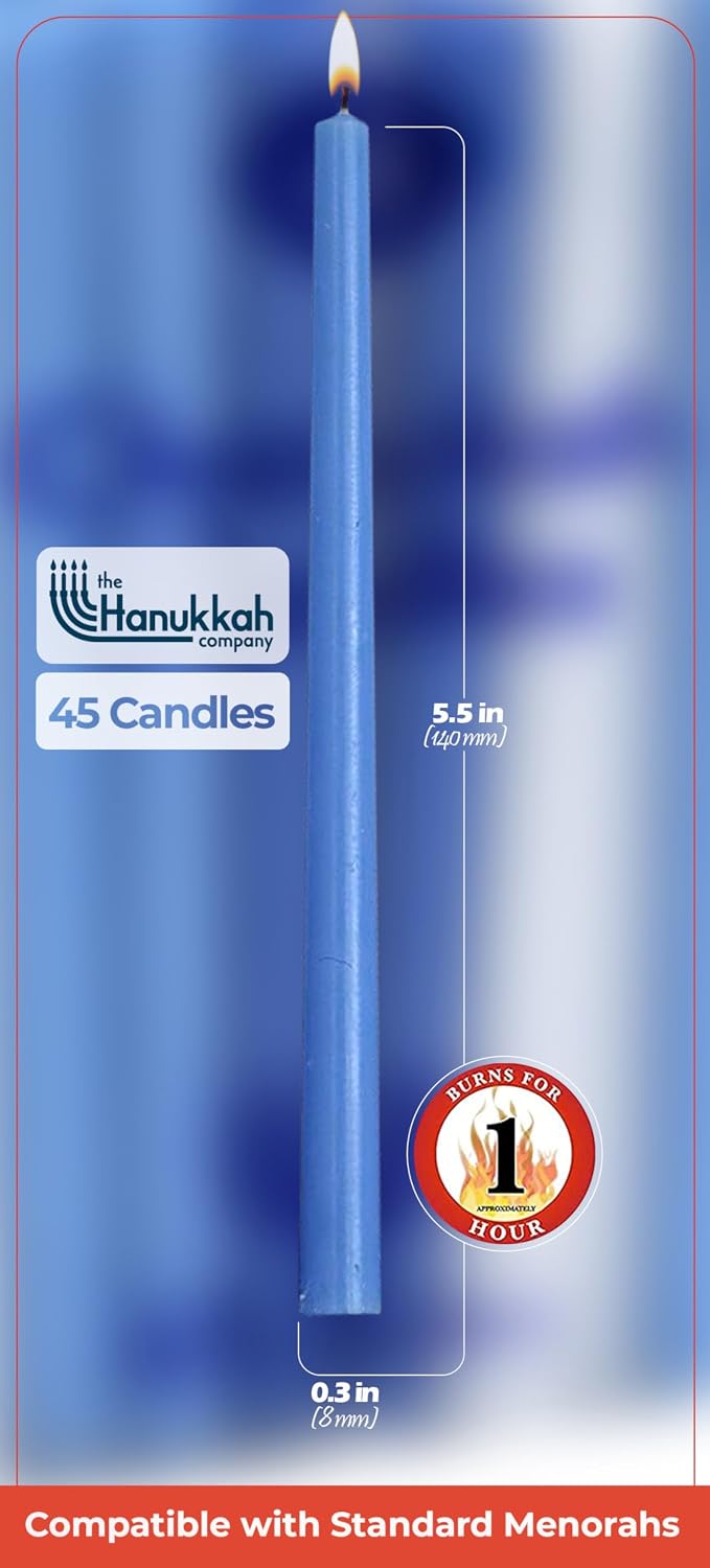 The Hanukkah Company Long Chanukah Candles, Diameter Fits Most Menorahs, Premium Quality Wax - Blue and White for All 8 Nights - Count 45, Standard Size