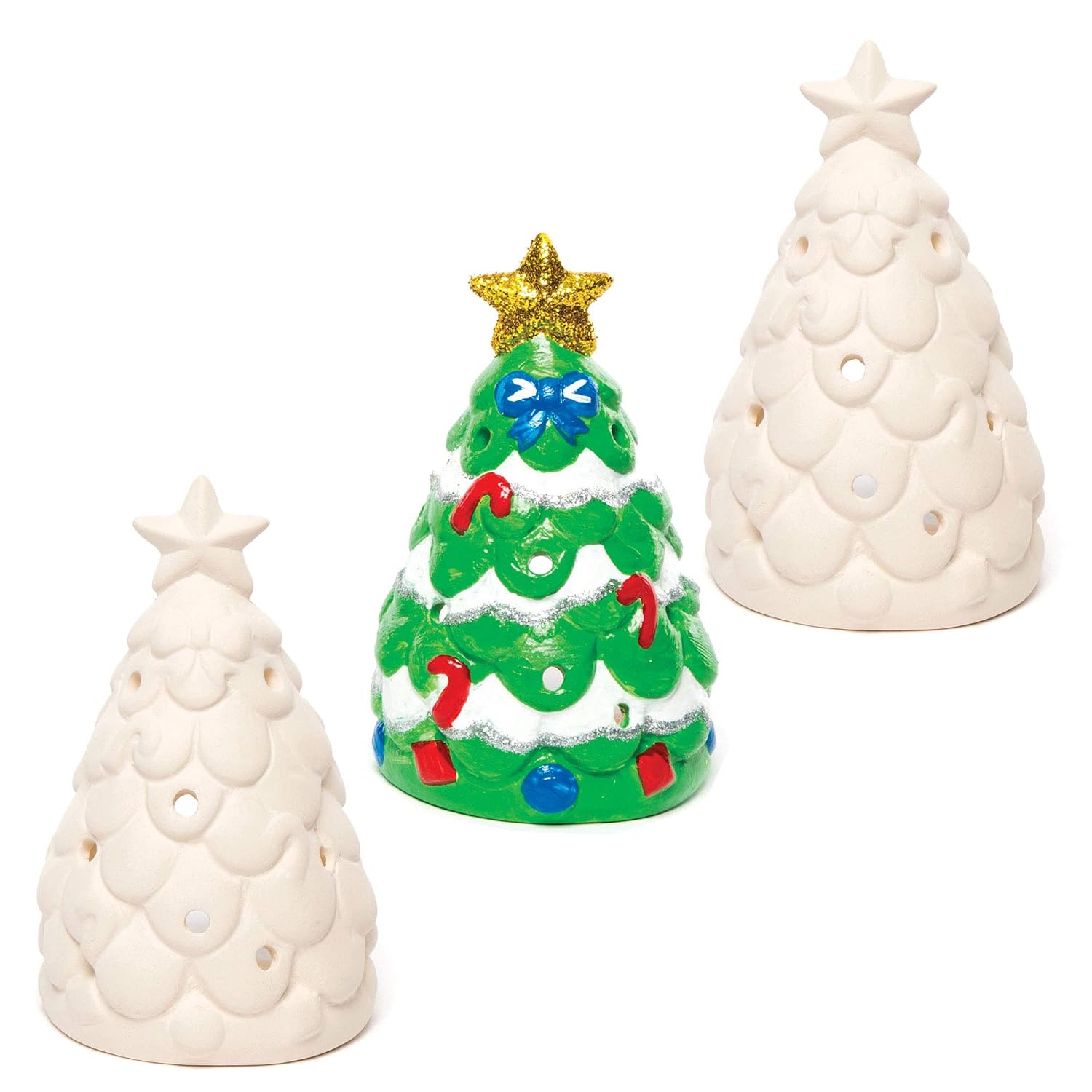 Baker Ross AC3262 Christmas Tree Ceramic Tealight Holders - Pack Of 3, Ideal For Kids' Arts And Crafts, Gifts, Keepsakes, Assorted