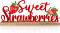 Fresh Sweet Strawberries Metal Sign Rustic Table Decor Summer Tiered Tray Decor with Wooden Base Freestanding Metal Word Sign for Home Tabletop Centerpiece Mantel Shelf Fireplace