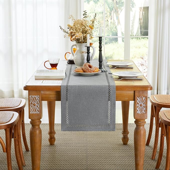 Burlap Style Farmhouse Table Runner, 13 x 48 Inch Grey, Rustic Geometric Hollow Table Runners 48 Inches Long for Dresser Table Everyday Use, 13x48 Inches, Grey