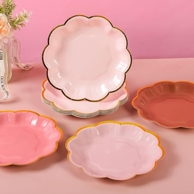 Dusty Pink Gradient Color Dessert Paper Plates 7 inch Gold Foil Scalloped Edge Disposable Cake Plates for Tea Party Birthday Bridal Baby Shower Wedding Party Supplies (24, Dusty Pink)