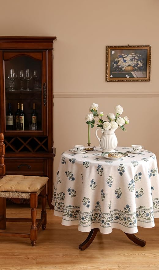 ISAENNE Designer White Linen Round Tablecloth,Chinoiserie Floral Elegant Indoor Table Cloth,Fall Stain Proof Decor Tablecloths for Dining Thanksgiving Kitchen,Diameter 67"-Mosella F