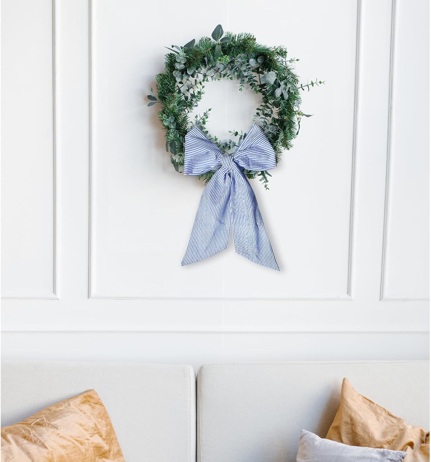 Baby Shower Wreath Sash for Front Door, Blue Seersucker Sash Holiday Stripes Wreath Accessories for Home Wedding Birthday Decorations