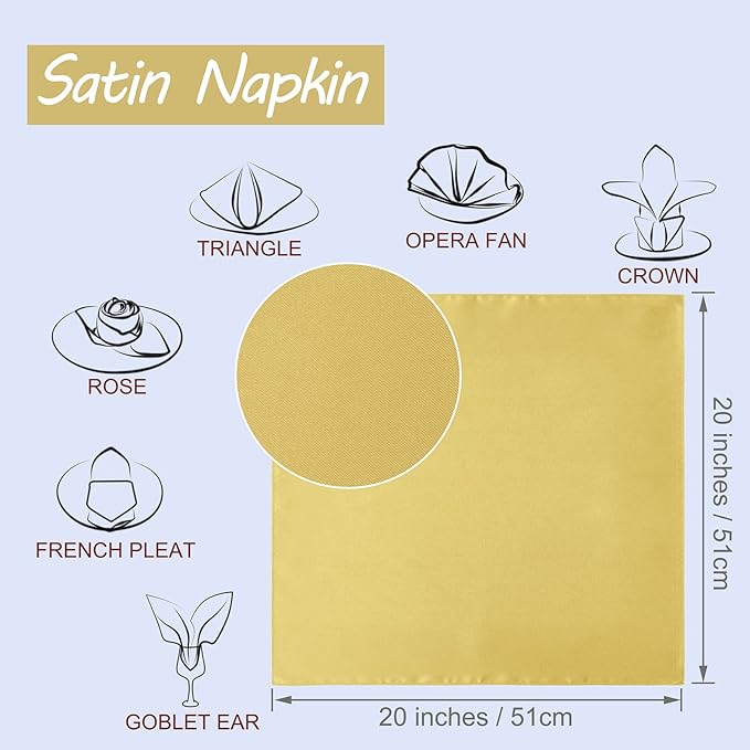 Horbaunal 16 Pack Gold Satin Napkins 20 x 20 Inch, Square Soft Table Dinner Napkins, Silky Cloth Napkins Table Decoration for Weddings Banquets Parties