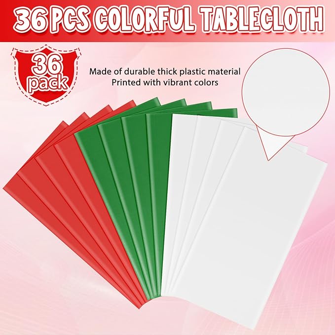 MASHAN 36 Pack Christmas Tablecloth Bulk, Red White Green Disposable Tablecloths, Rectangle Italy Theme Table Covers for Christmas Family Gathering Dining and Italian Party Decoration,54 x 108 Inch