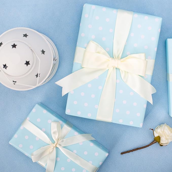 Flyhill Blue Wrapping Paper,Reversible Gift Wrap Paper with Polka Dot Design for Christmas,Birthday, Wedding,Baby Shower,All Holidays(17 Inch X 32.8 Feet)