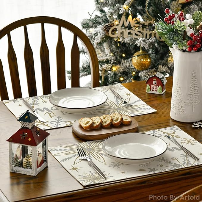 Artoid Mode Beige Snowflake Let It Snow Winter Placemats Set of 12, 12x18 Inch Seasonal Christmas Table Mats for Party Kitchen Dining Decoration