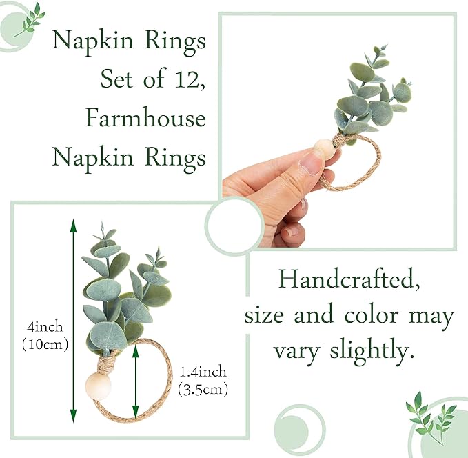Defined Deco Napkin Rings Set of 6, Boho Green Leaf Napkin Rings for Spring Summer, Thanksgiving Christmas,