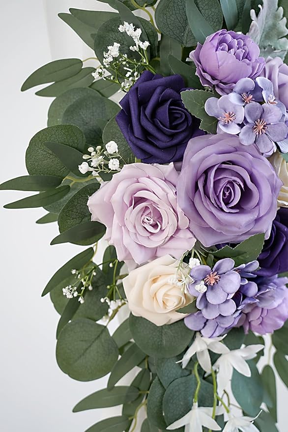 Lilac Artificial Wedding Arch Flowers Kit (Pack of 3) with 26Ft White Shiny Arch Draping Fabric for DIY Wedding Party Ceremony Reception Backdrop Floral Decoration