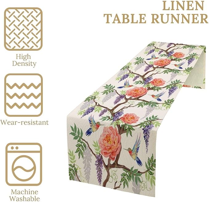 Vintage Bird Flower Table Runner Seasonal Spring Purple Wisteria Garden Plants Lavender Pink Florals Farmhouse Country Kitchen Dinner Runner Dining Table Decoration for Home Party Holiday 13"x70"