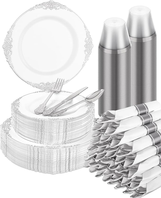 Goodluck 350 Piece Silver Plastic Dinnerware Set for 50 Guests, Fancy Disposable Plates, Include: 100 Silver Rim Plastic Plates, 150 Silverwares, 50 Pre Rolled Napkins, 50 Cups for Party, Wedding