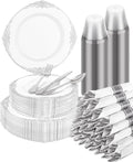 Goodluck 350 Piece Silver Plastic Dinnerware Set for 50 Guests, Fancy Disposable Plates, Include: 100 Silver Rim Plastic Plates, 150 Silverwares, 50 Pre Rolled Napkins, 50 Cups for Party, Wedding