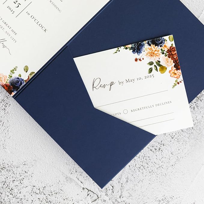 20 PCS Navy Blue Tri-fold Laser Cut Wedding Invitation Pockets for 5x7 Wedding Cards Bridal Shower Engagement Quinceanera Invitation