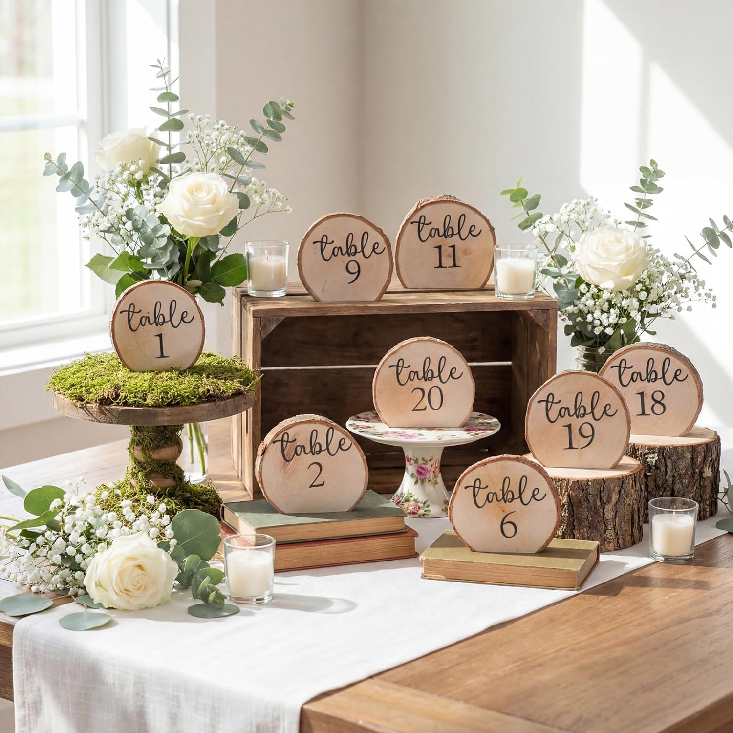 Novabright 20 Pcs 1 to 20 Numbers Rustic Wood Table Numbers Set Wedding Table Number for Wedding Centerpieces Banquet Seating Rustic Party Anniversary Event Decoration