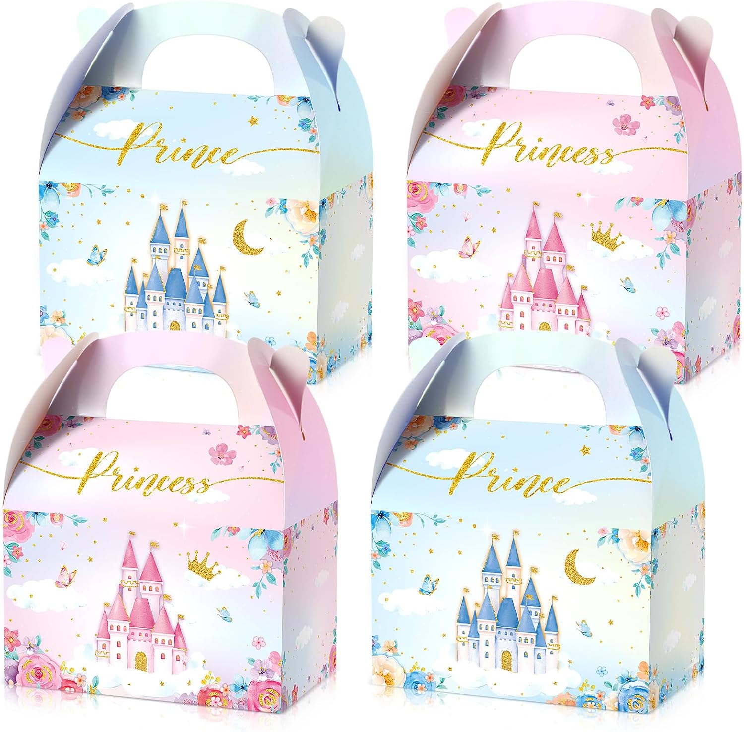 Nezyo 60 Pcs Princess and Prince Treat Boxes - Pink & Blue Crown Cardboard Goodie Boxes for Birthday Party Favors (Prince and Princess)