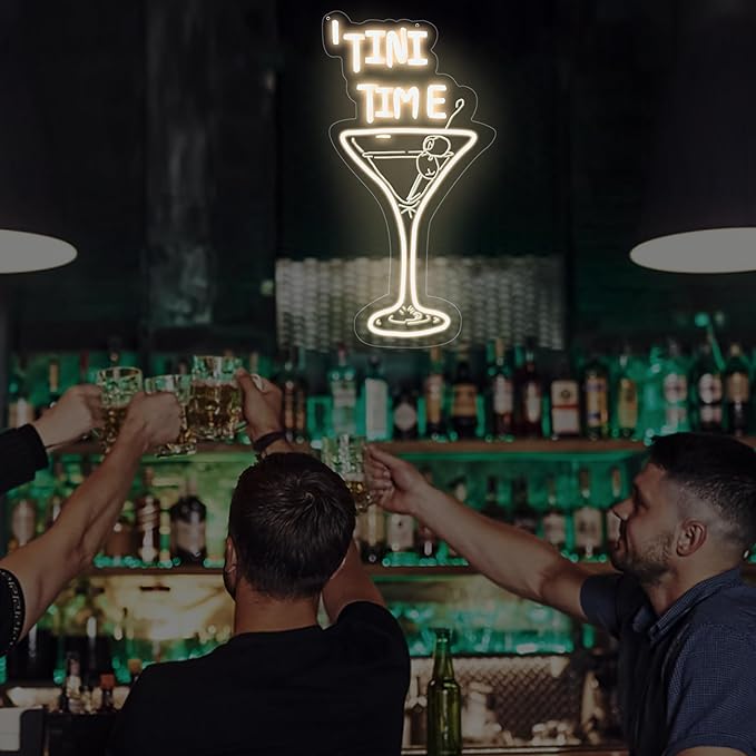 Tini Time Neon Sign, Martini LED Neon Sign for Bars, Elegant Cocktail Glass Neon, Martini Cocktail Bar Wall Decor, Bar Wall Art, Pub neon, 16.5"x8.7", Warm White