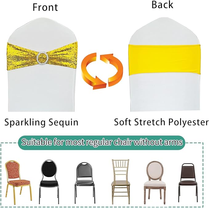 50 Pcs Sequin Chair Sashes Stretch Chair Bands Spandex Polyester Bows for Party Hotel Wedding Banquets Decoration -Gold