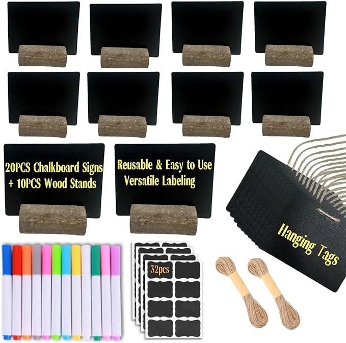 20 Pack Mini Chalkboard Signs for Food Buffet Table Reusable Catering Labels with 10 PCS Wooden Rustic Stands, Party Buffet Food Tags, Small Chalk Board Sign Holders for Wedding Birthday Bakery