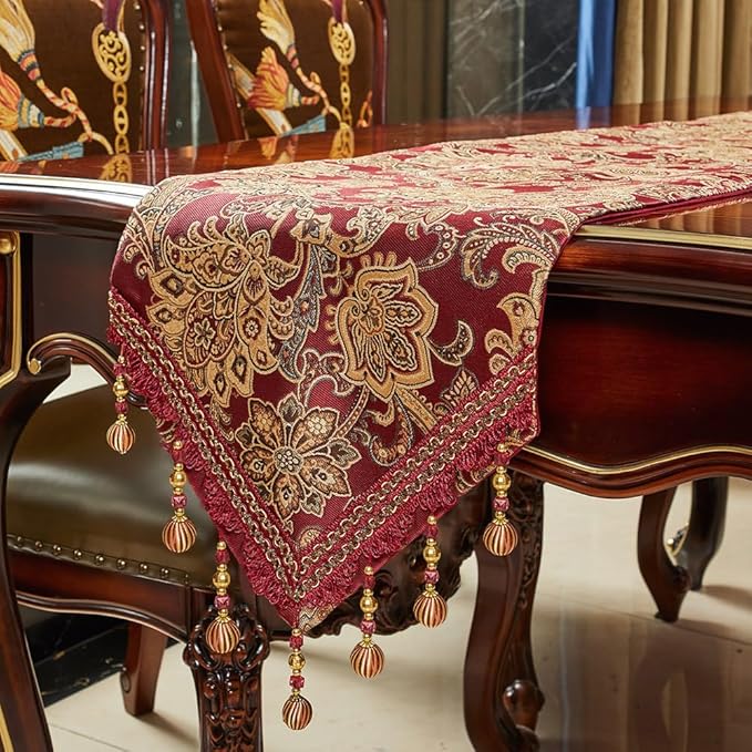 Luxury Vintage Table Runner 120 inches Long Embroidery Jacquard Fabric with Multi-Tassels Table Runners for Dining Room Dresser Wedding Christmas Thanksgiving Party Decorations (Red, 12X120inch)