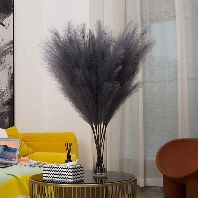 Faux Pampas Grass 6 Stems, Artificial Pampas Grass - 43''/3.6FT Total Extra Large Pompass Grass Tall Pompous Boho Flower Arrangement and Floor Vase Filler Home Decor for Room Wedding Party (Grey)