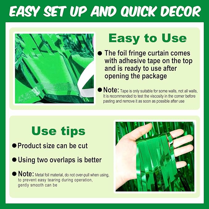 6 Pack Green Foil Fringe Curtains Backdrop, 3.28 x 8.2 Ft Metallic Streamers Tinsel Curtains Background for Photo Booth, Birthday, Weddings, Carnivals, Graduation, Themed Party Decorations