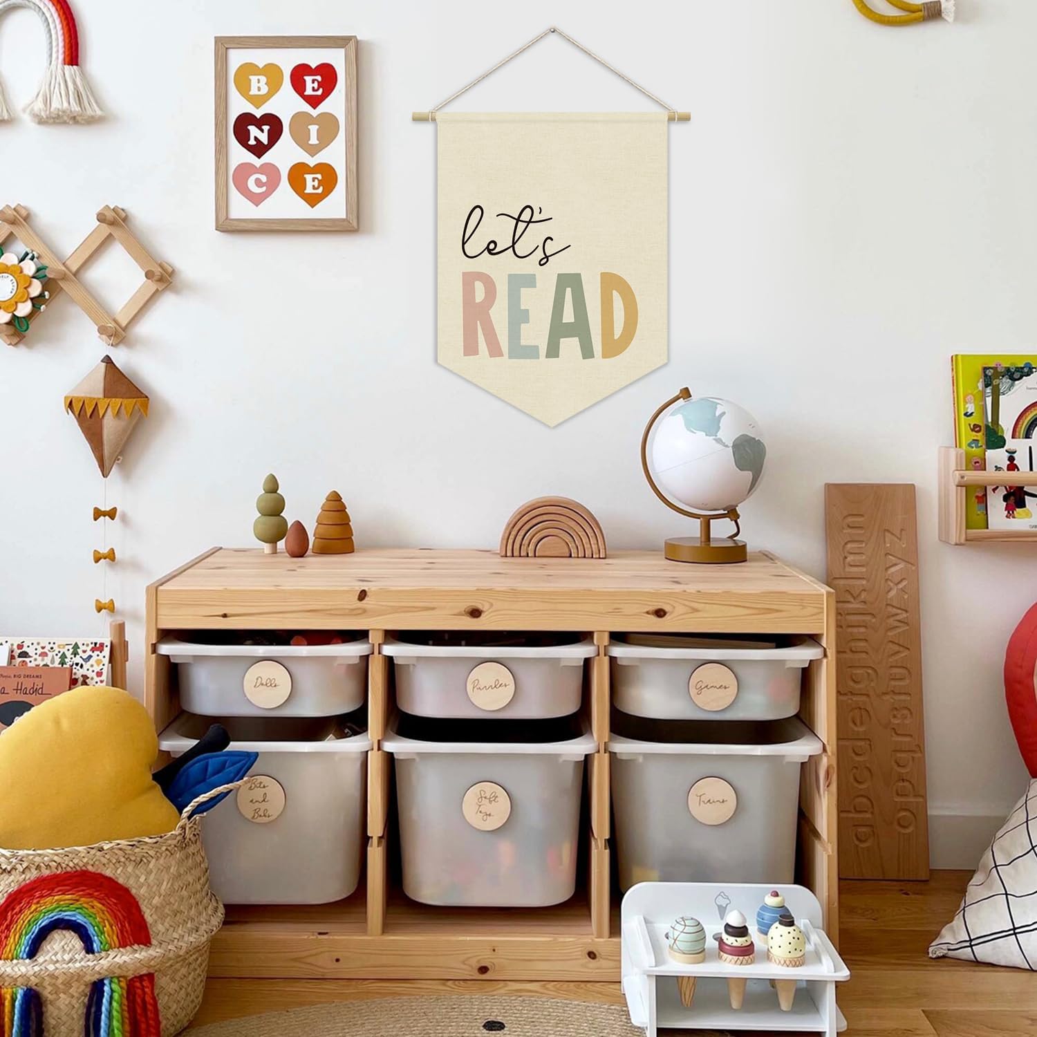 Reading Corner Decor, Let's Read Sign Kids Room Wall Canvas Banner, Library Boho Classroom Bookshelf Hanging Pennant Flag, 15x11in