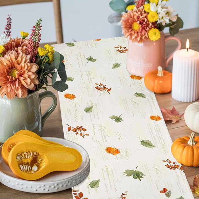 Fall Wildflowers Cotton Linen Table Runner for Dining Kitchen, Thanksgiving Pumpkin Outdoor Party Rustic Tablerunners Decoration, Botanical Floral Vintage Dresser Scarf Tablecloth Runners 13x48 Inches