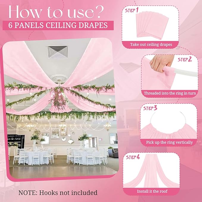 6 Panels Pink Ceiling Drapes for Wedding, 5ftx30ft Ceiling Drapes Cheesecloth Sheer Fabric Curtain Wedding Arch Draping Fabric Romantic Ceilings Decorations for Weddings Party Ceremony Stage