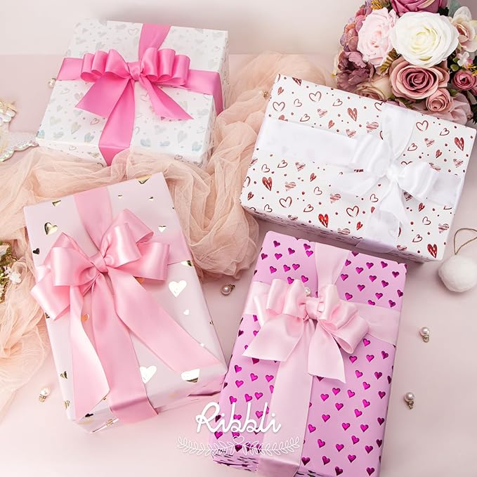 Ribbli Pink Satin Ribbon 1-1/2 Inch x 4 Rolls Total 40 Yards- White Pink Ribbon for Gift Wrapping Craft Wedding Decoration