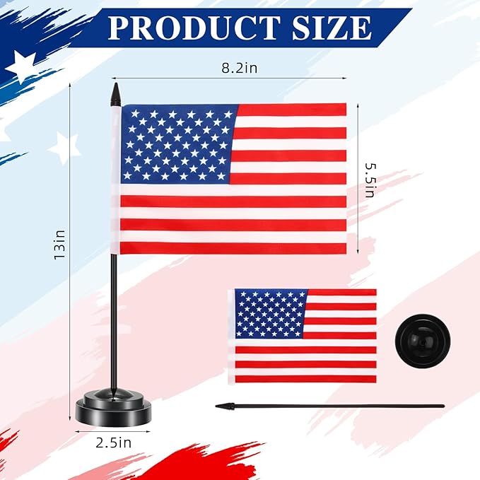 50 Pcs American Desk Flag Set Small USA Flags for Table with 13" Black Pole, Black Base and Spear Top, American Flag for Home Office Party Festival Celebrations Decor