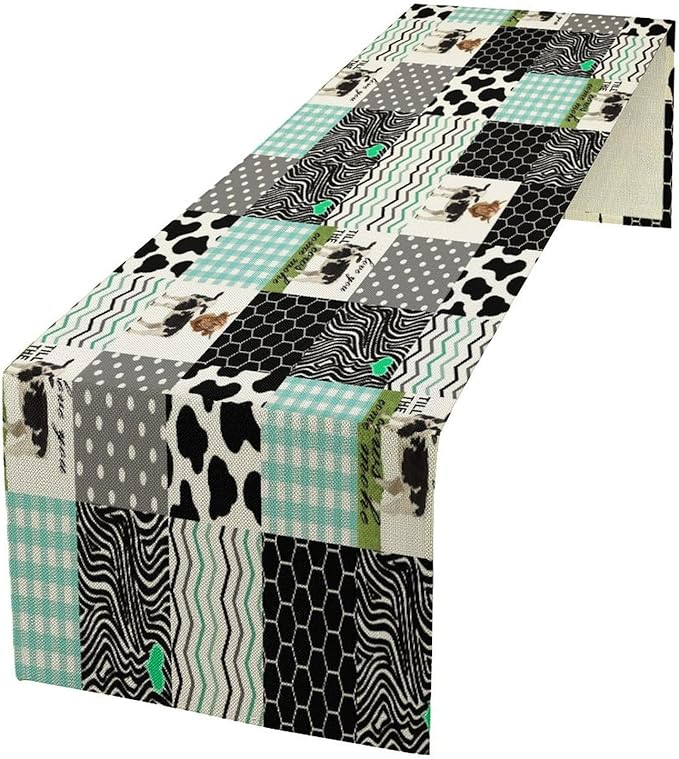 Cute Cow Print Table Runner,Farm Animals Honeycomb Plaid Stripes Cowhide Pattern Tablecloth Burlap for Hotel Indoors Outdoor Dining Room Kitchen Table Decor, 13x36in